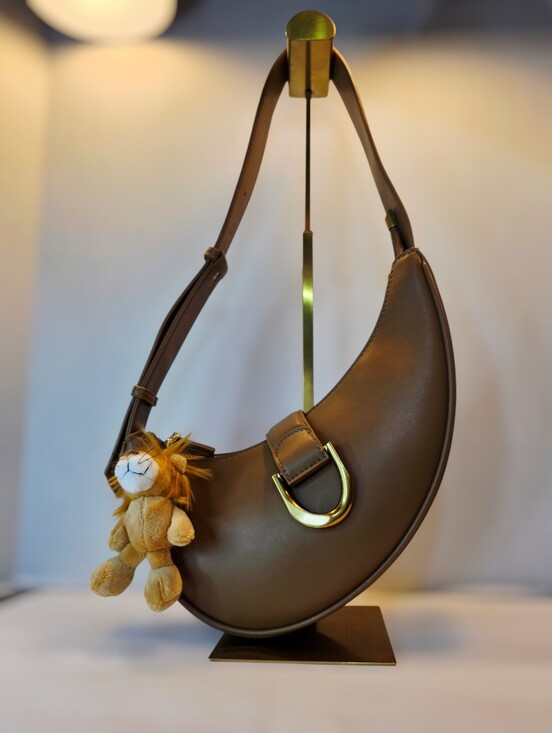 Madison West Handbags - Asymmetric Crescent Shoulder Bag in Beige and Gold By Madison West
